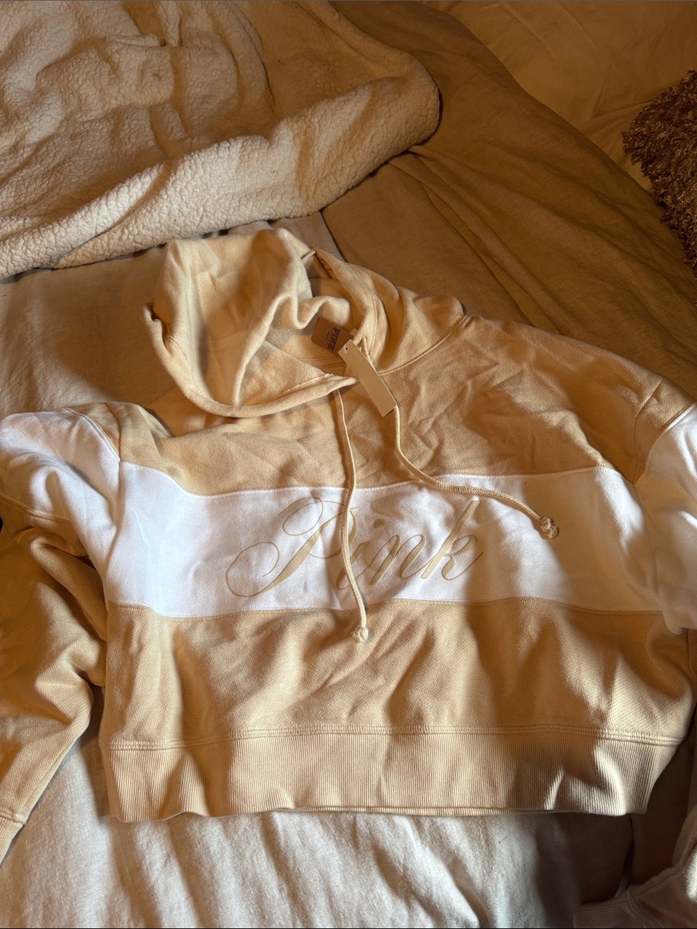 PINK Victoria's Secret Cream and White Cropped Hooded Pullover
